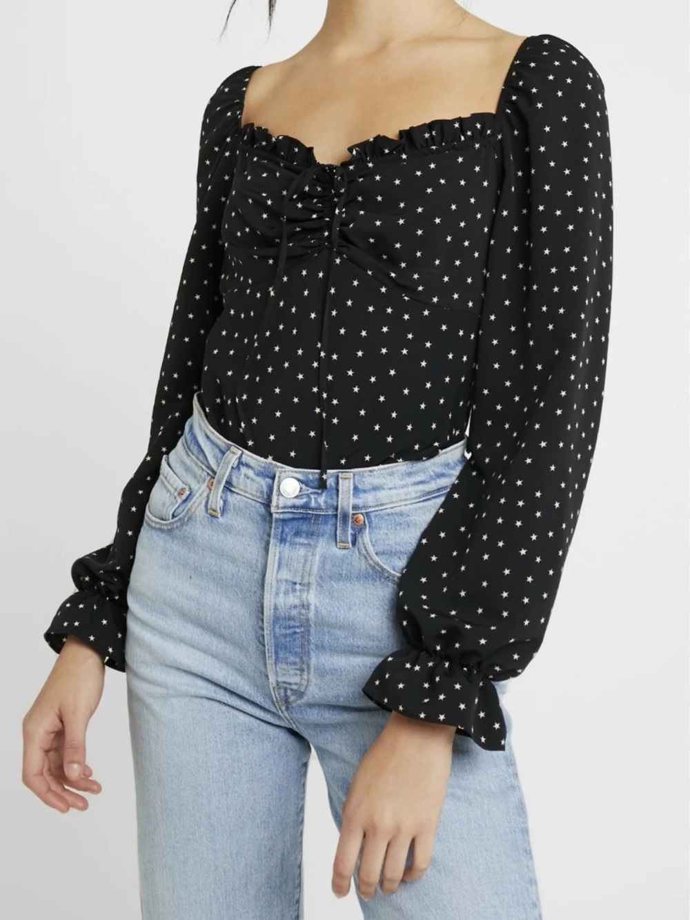 Topshop Black Star Print Long-Sleeve Square-Neck Top